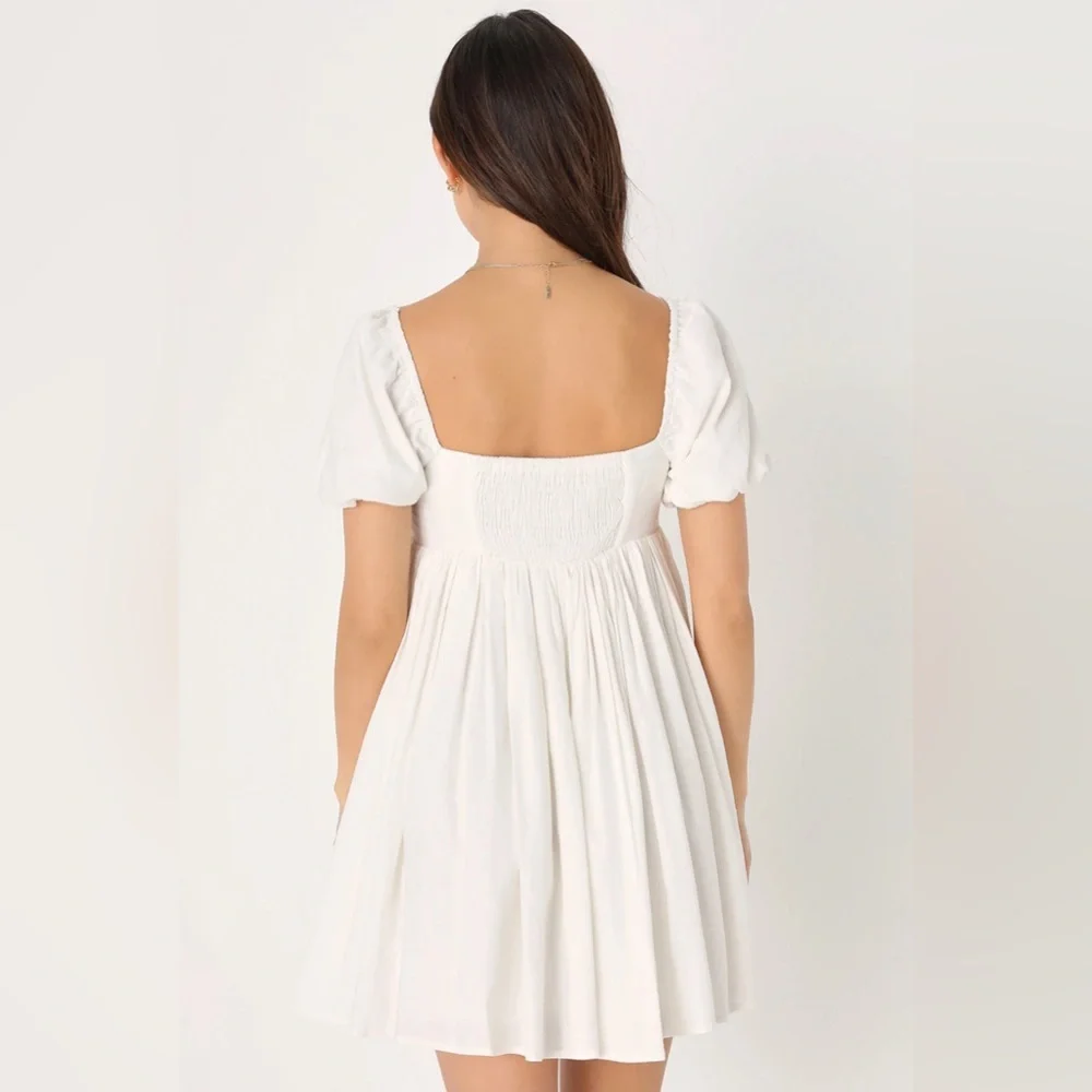 Lulus Coquette Girl White Puff Bubble Sleeve Babydoll Dress - Picture 3 of 3